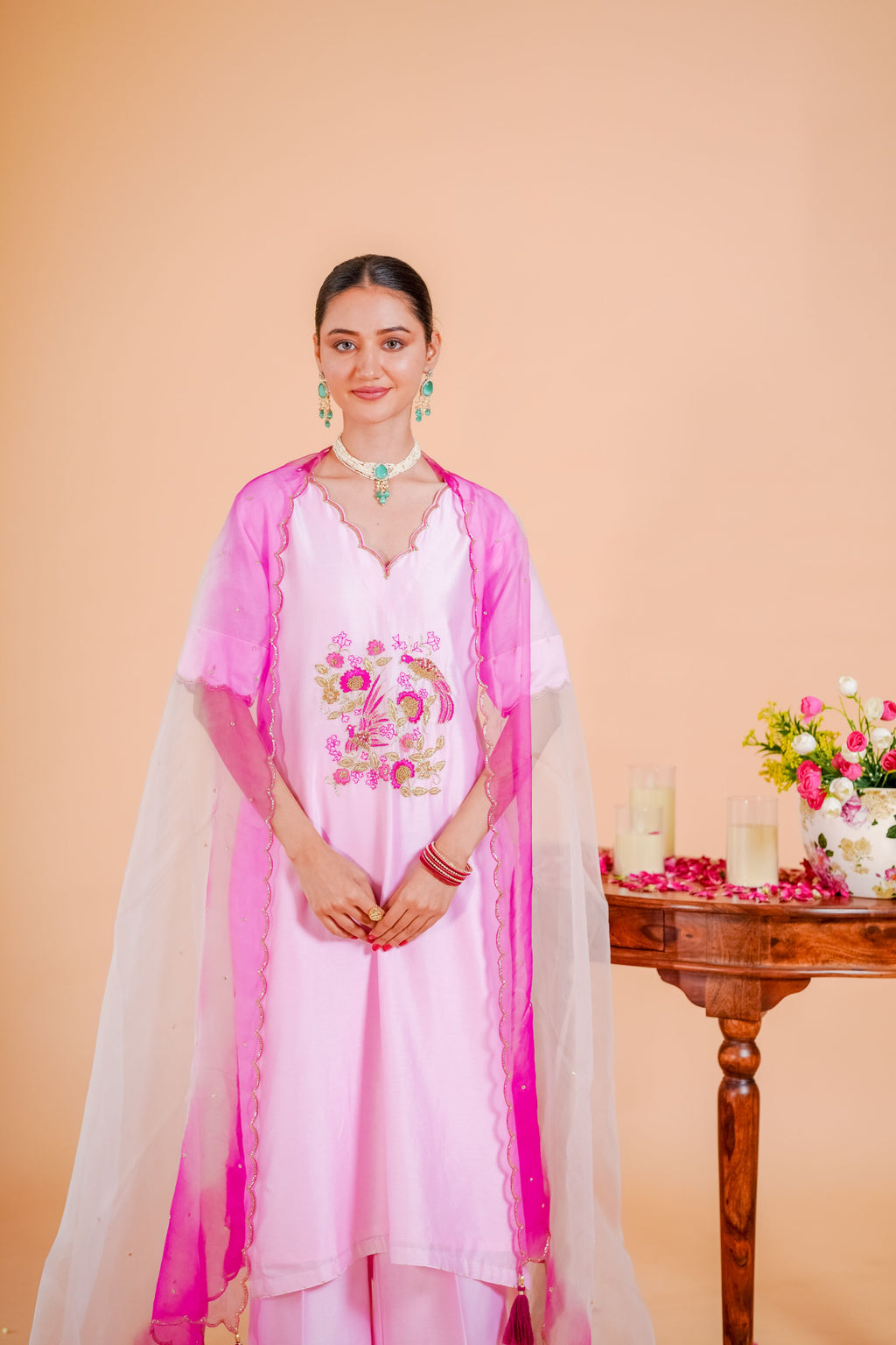 Silk chanderi suit double shade orgnza duptta hand Embrodiray