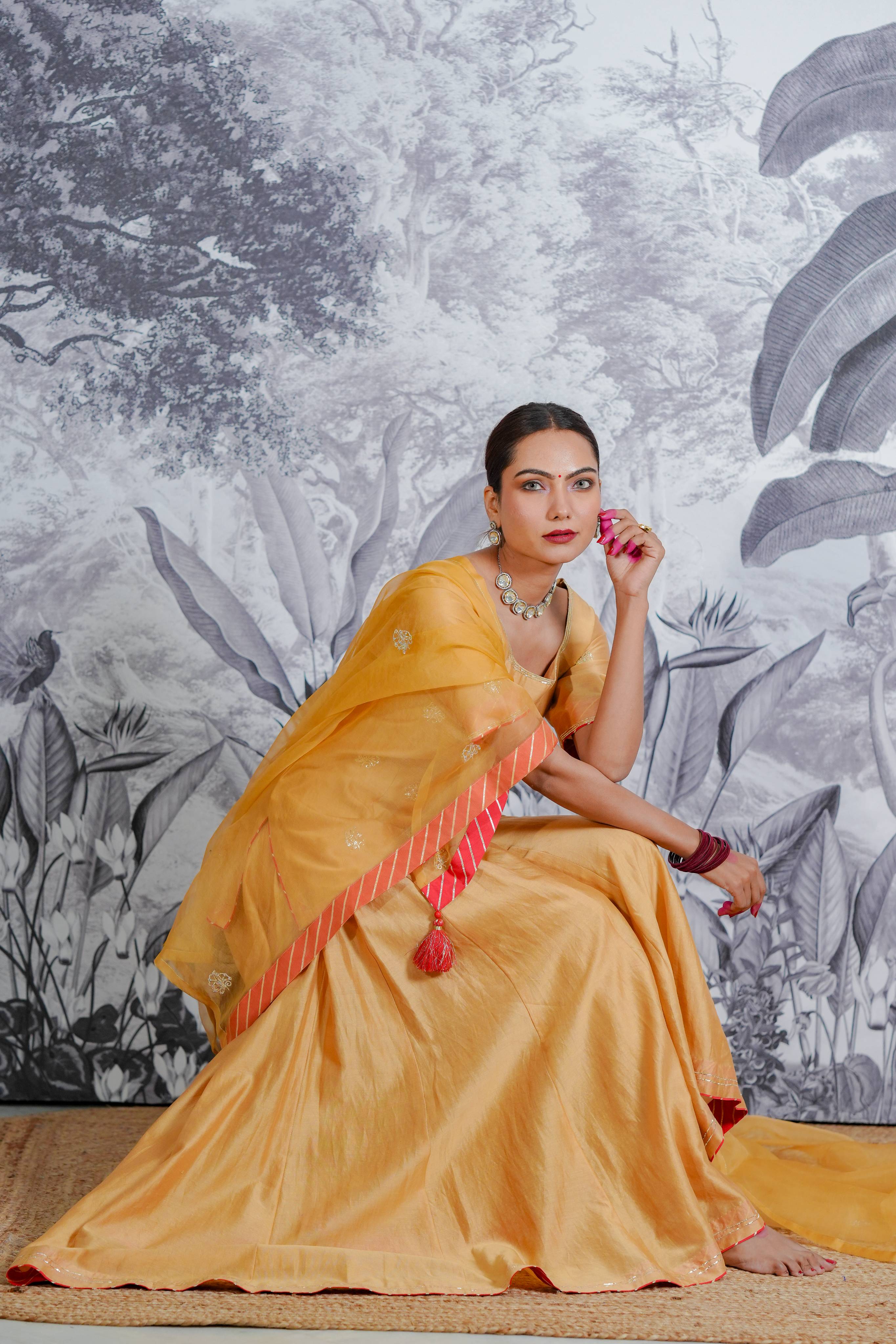 Chanderi Silk Sarara Set with Orgnza Duptta Pithon Work Detail with Gotta Work