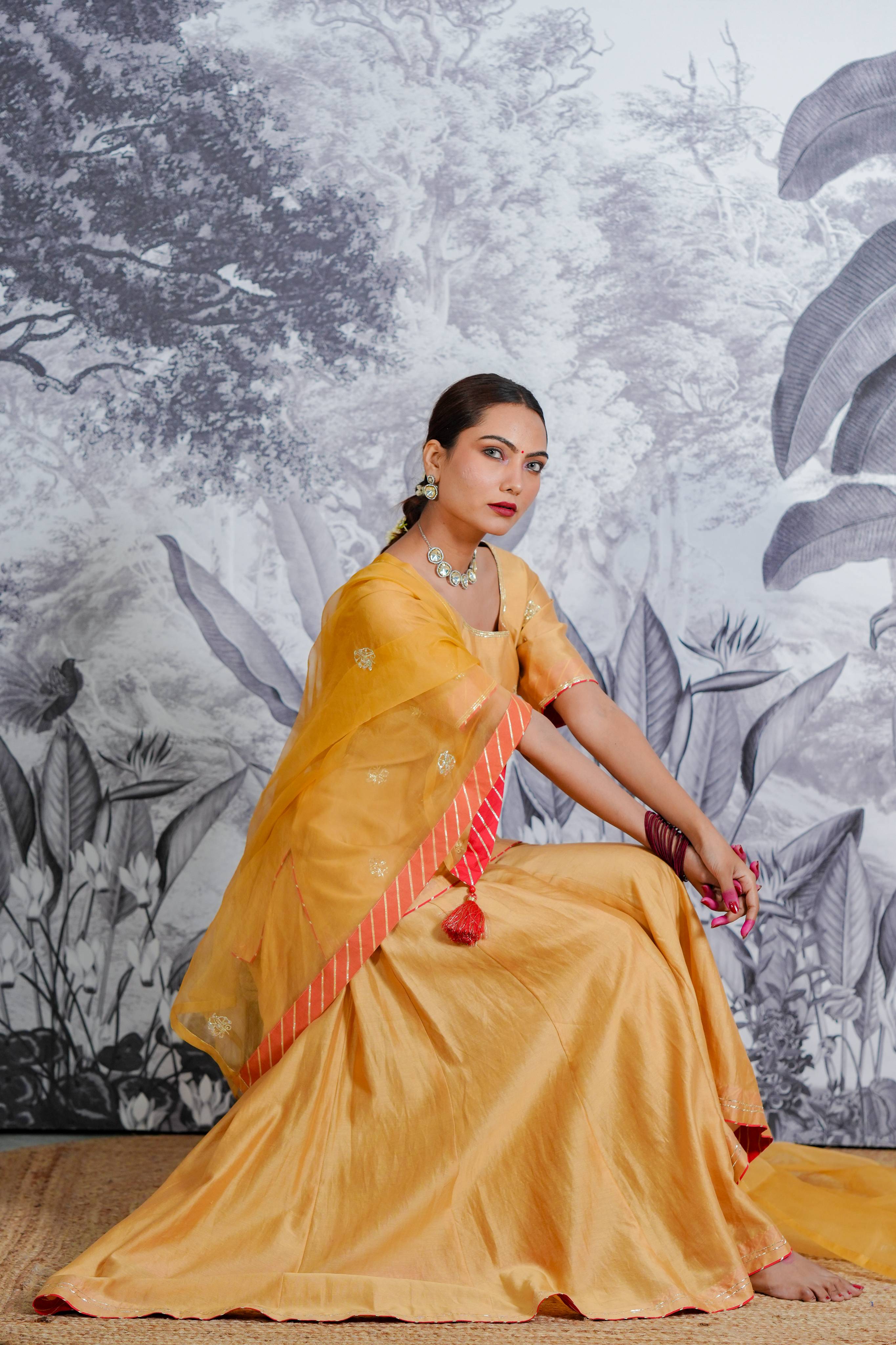 Chanderi Silk Sarara Set with Orgnza Duptta Pithon Work Detail with Gotta Work