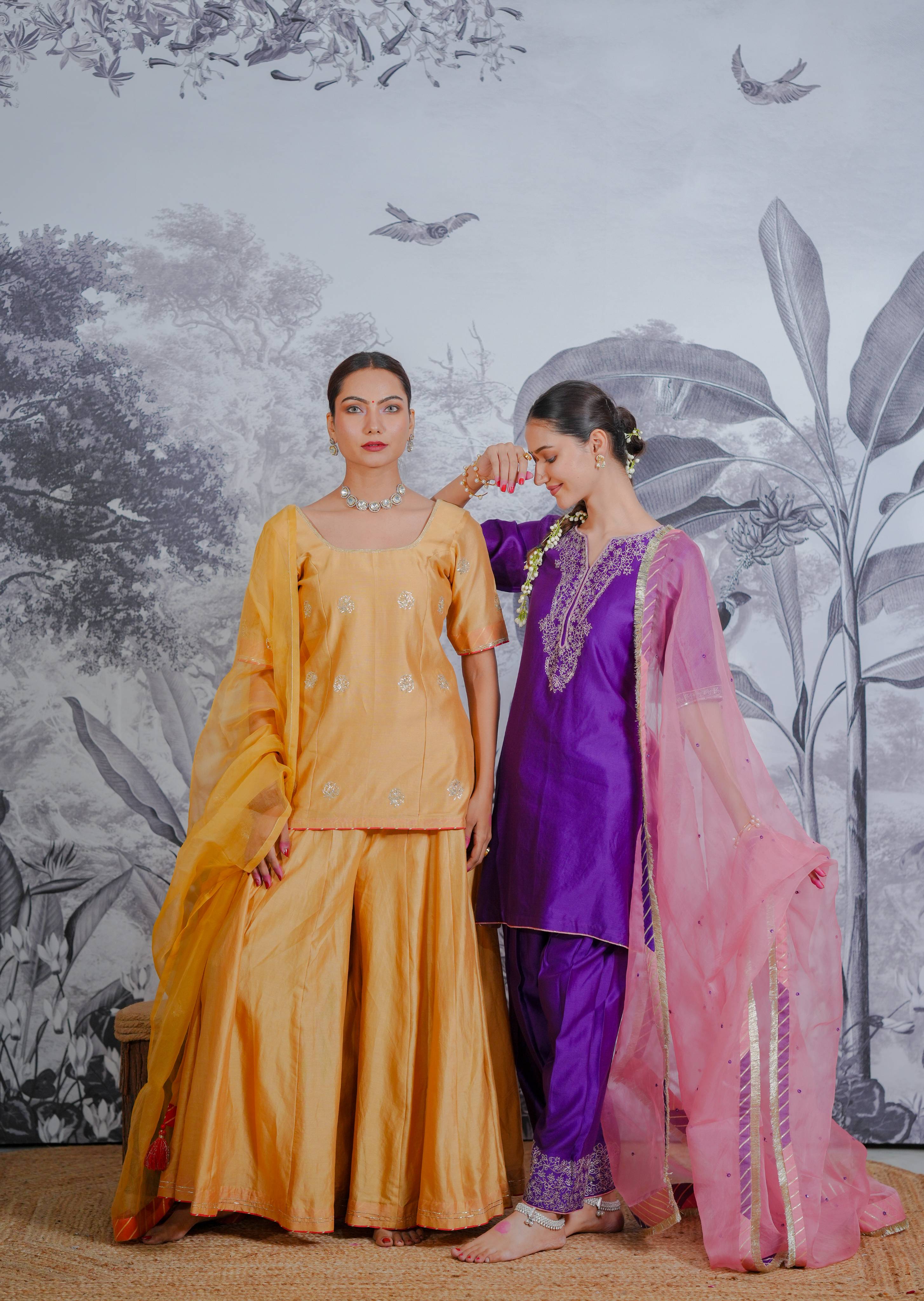 Chanderi Silk Sarara Set with Orgnza Duptta Pithon Work Detail with Gotta Work