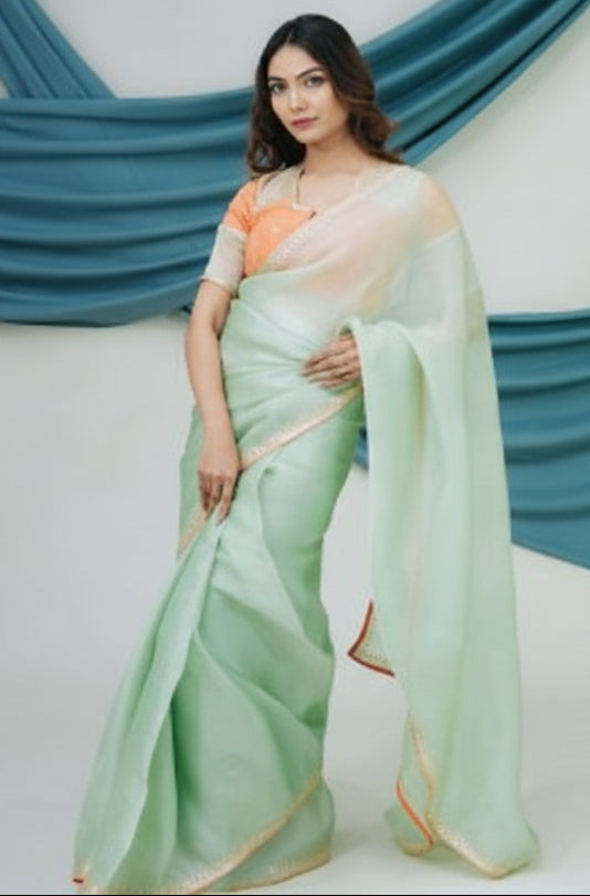Hand-embroidered Pure Satin Organza Saree with Dabka Work - Amahi Fashion