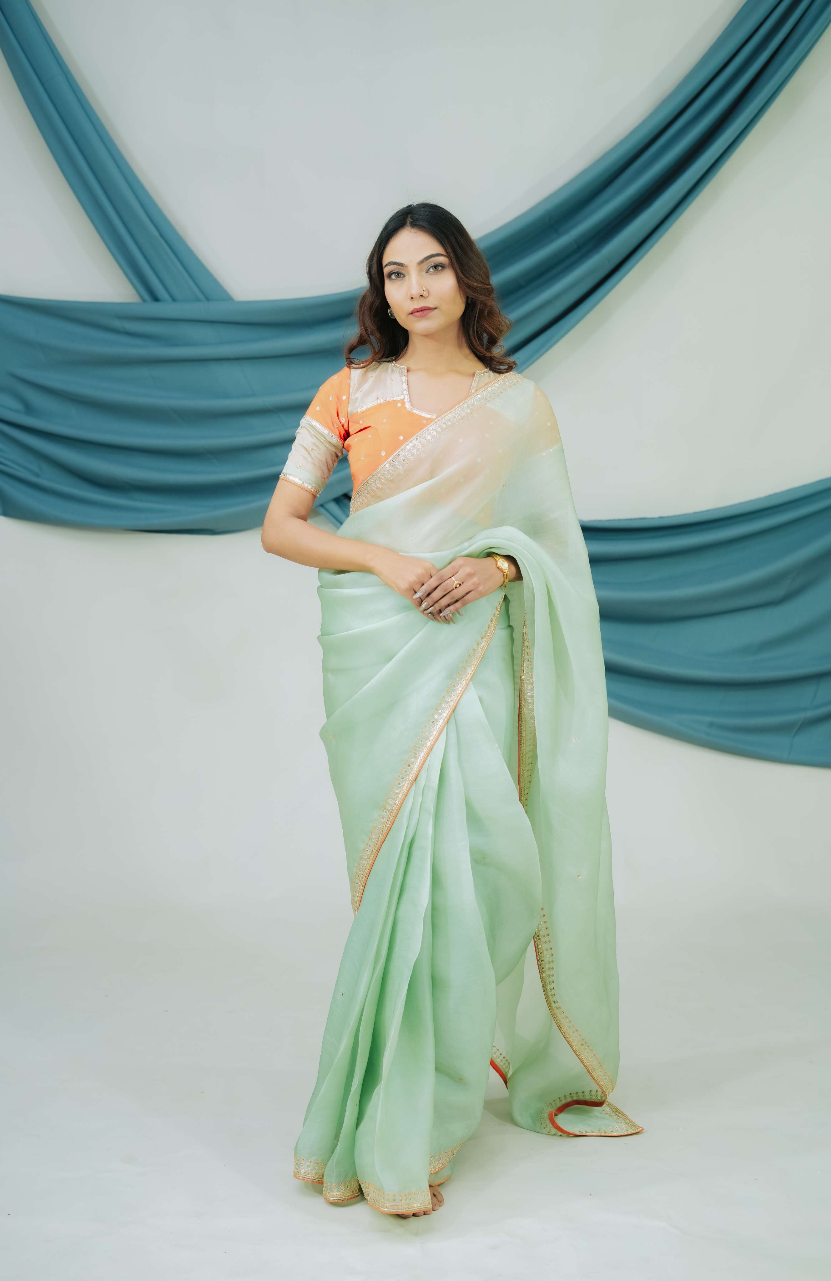 Hand-embroidered Pure Satin Organza Saree with Dabka Work - Amahi Fashion