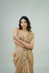 Pure Tussar Silk Saree with Handcrafted Copper Dabka Embroidery