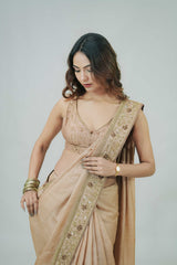 Pure Tussar Silk Saree with Handcrafted Copper Dabka Embroidery
