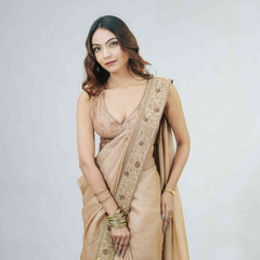 Pure Tussar Silk Saree with Handcrafted Copper Dabka Embroidery