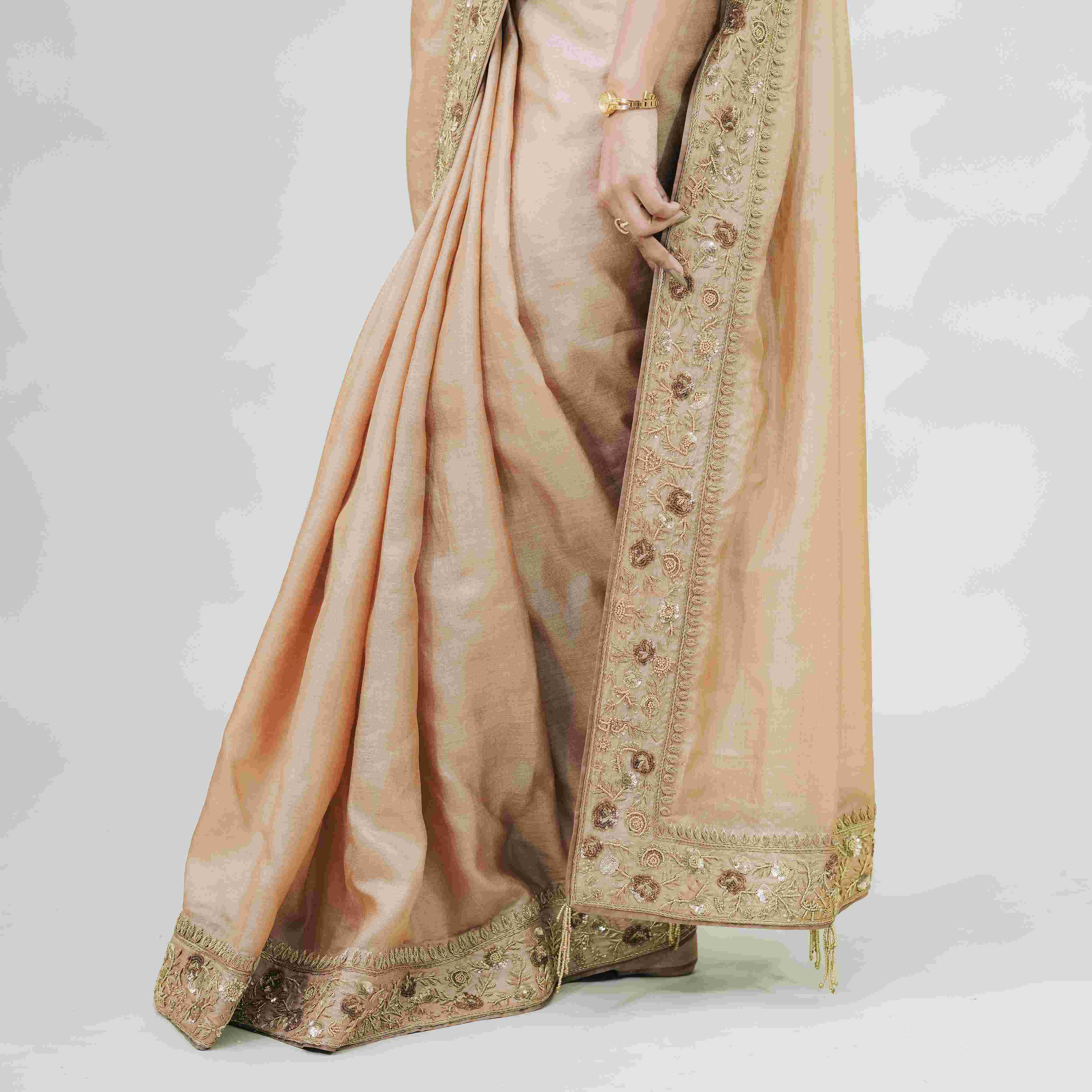 Pure Tussar Silk Saree with Handcrafted Copper Dabka Embroidery