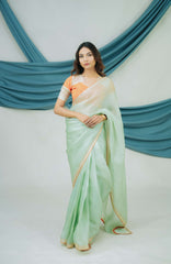 Pure Satin Organza Saree with Handcrafted Dabka and Sequin Embroidery