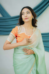 Pure Satin Organza Saree with Handcrafted Dabka and Sequin Embroidery