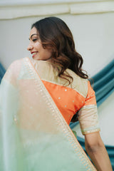 Pure Satin Organza Saree with Handcrafted Dabka and Sequin Embroidery