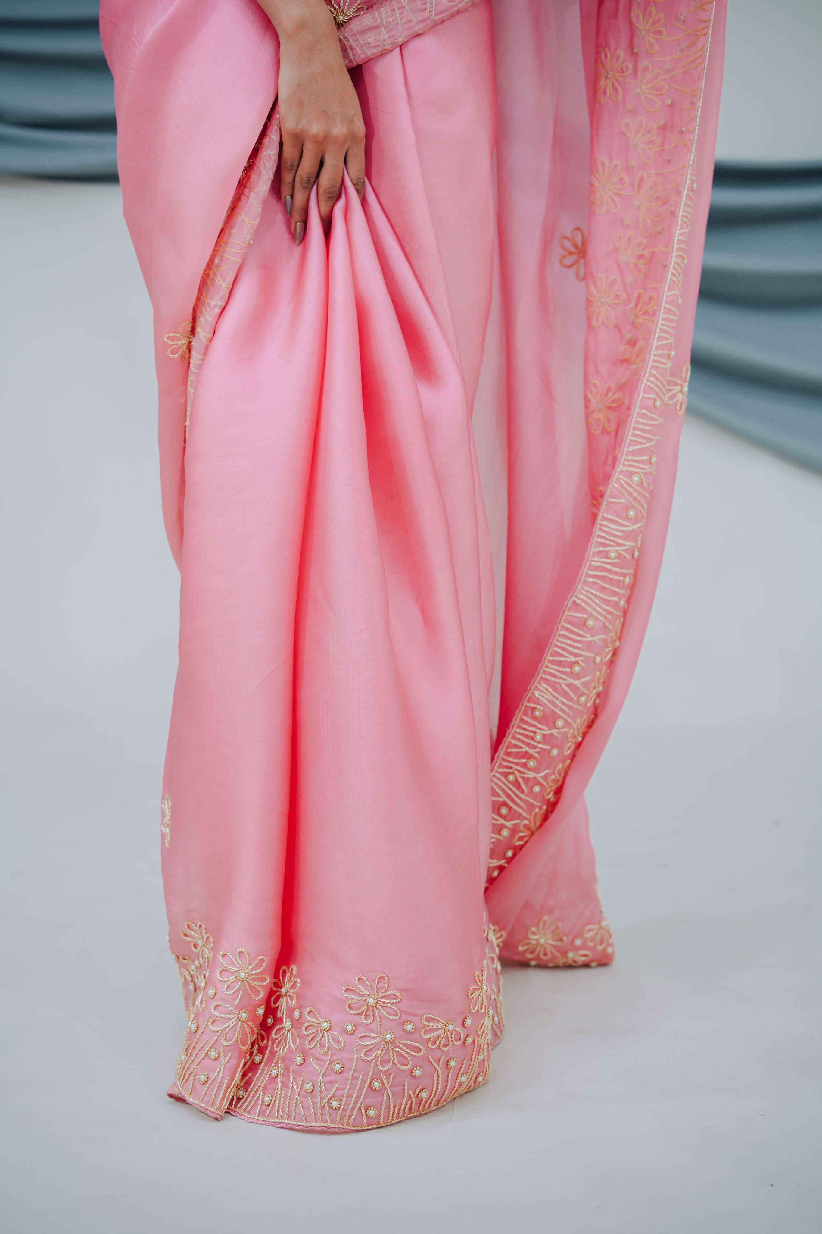 Pure Organza Satin Saree with Complete Dabka Hand Embroidery Highlights and Pearl Accents