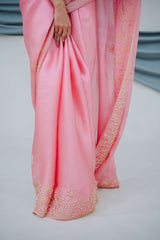 Pure Organza Satin Saree with Complete Dabka Hand Embroidery Highlights and Pearl Accents