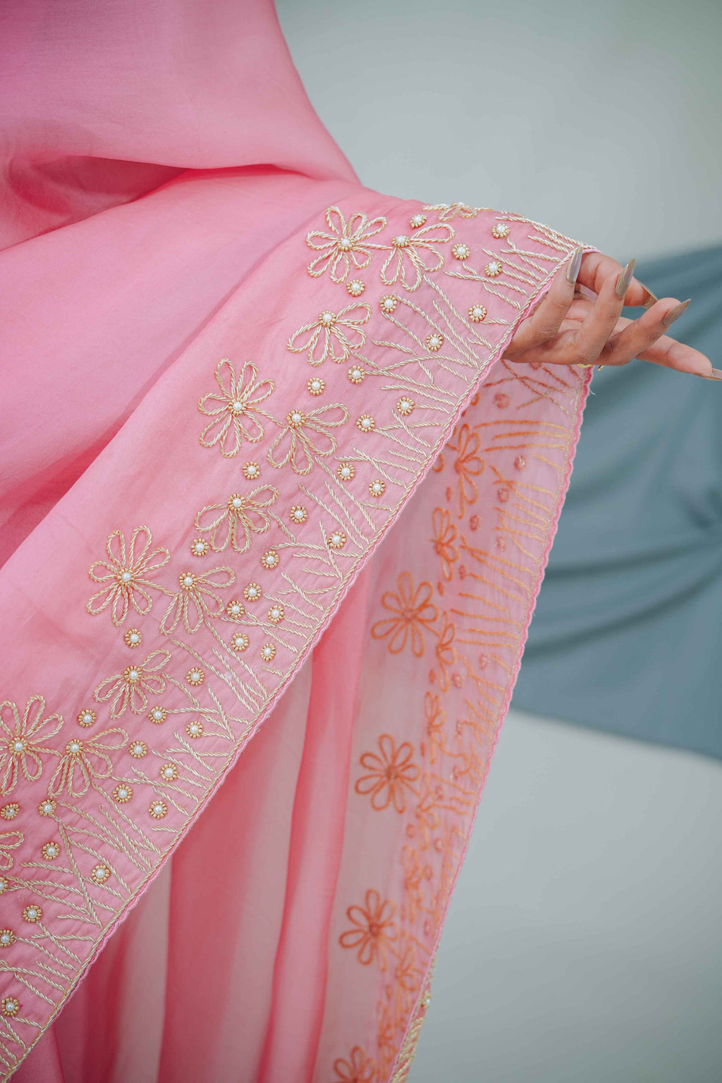 Pure Organza Satin Saree with Complete Dabka Hand Embroidery Highlights and Pearl Accents