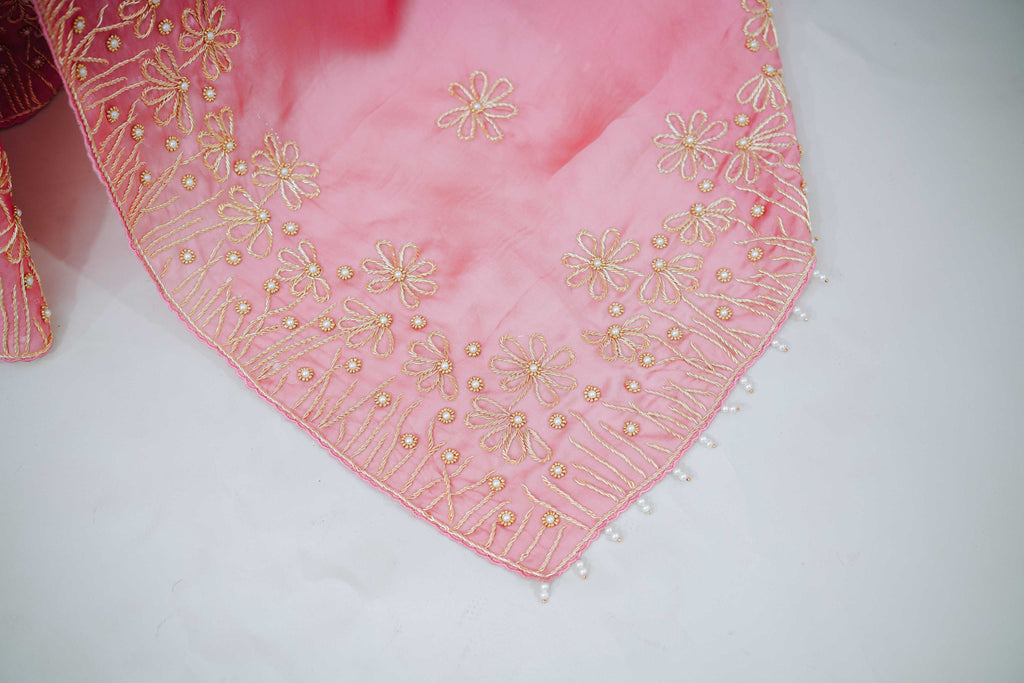 Pure Organza Satin Saree with Complete Dabka Hand Embroidery Highlights and Pearl Accents