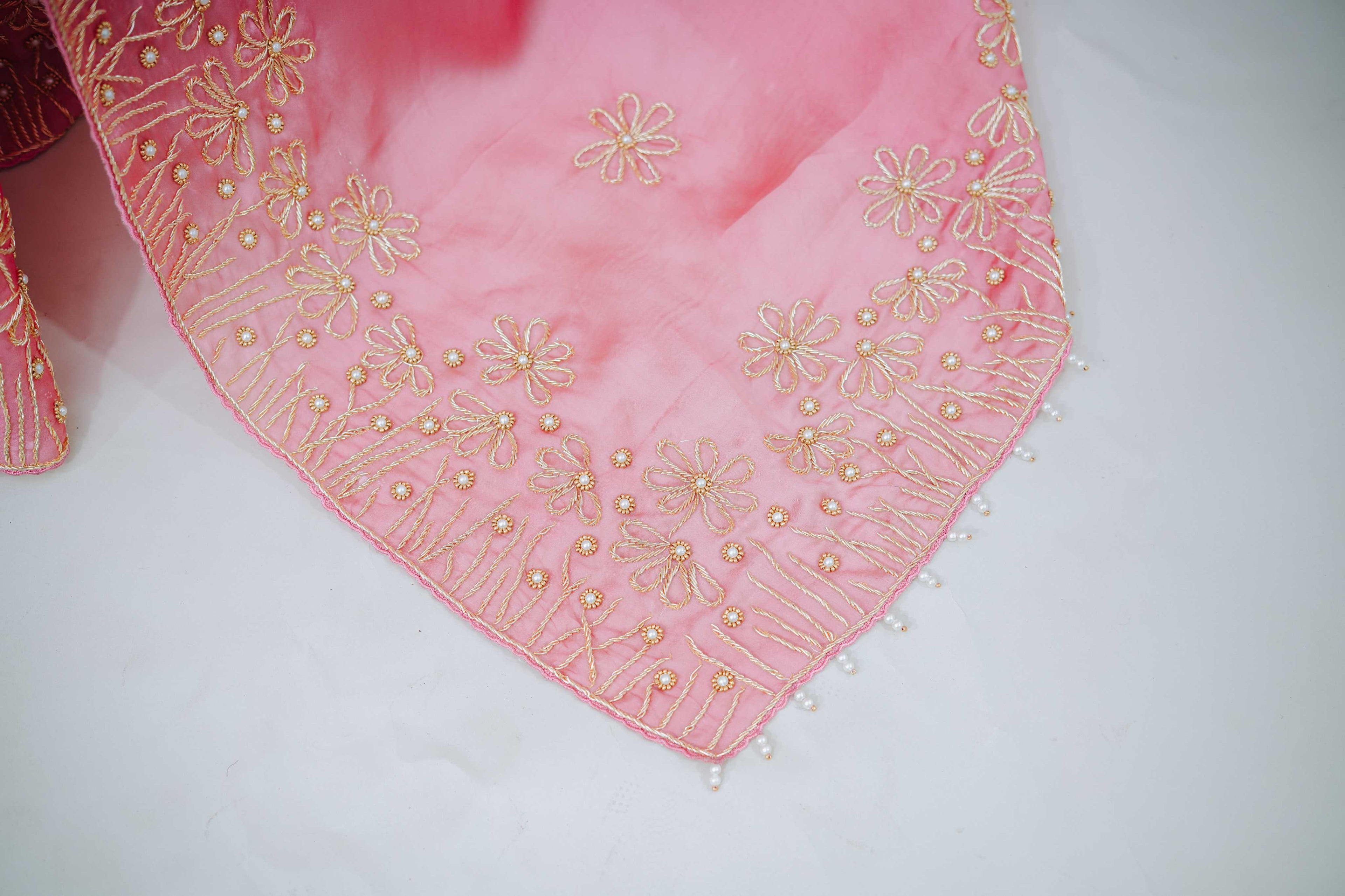 Pure Organza Satin Saree with Complete Dabka Hand Embroidery Highlights and Pearl Accents