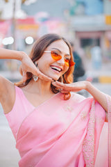 Pure Organza Satin Saree with Complete Dabka Hand Embroidery Highlights and Pearl Accents