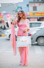 Pure Organza Satin Saree with Complete Dabka Hand Embroidery Highlights and Pearl Accents