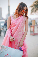 Pure Organza Satin Saree with Complete Dabka Hand Embroidery Highlights and Pearl Accents