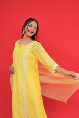 Woman wearing Lemon Yellow Mul Chanderi Anarkali Suit Set1with a red background