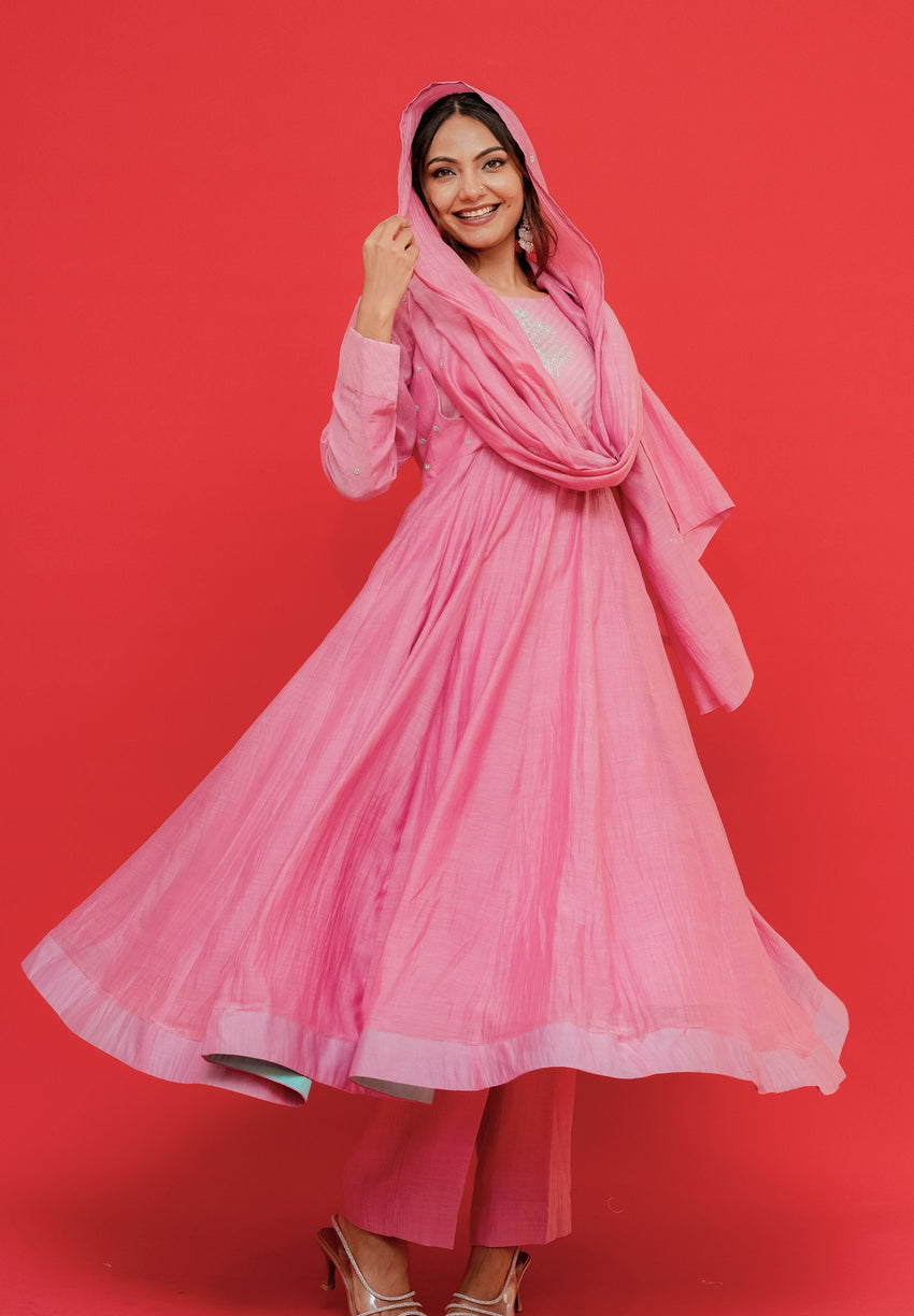 Full look of pink Mul Chanderi Anarkali set with dupatta festive wear for women – Amahi Fashion