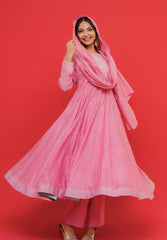 Full look of pink Mul Chanderi Anarkali set with dupatta festive wear for women – Amahi Fashion