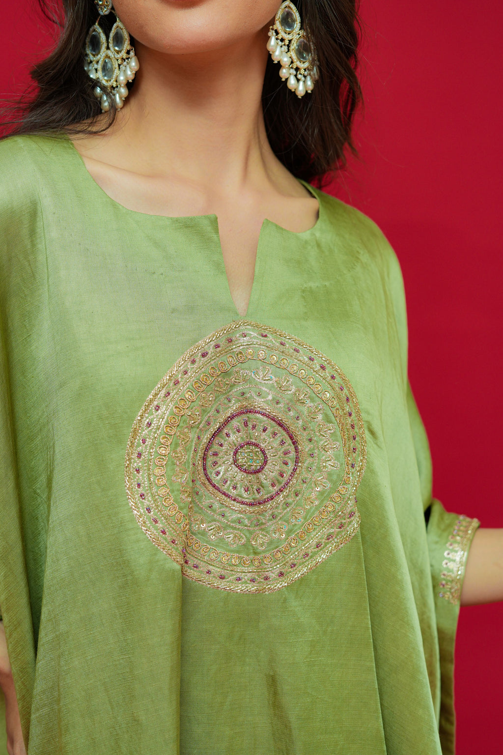 Olive Green Linen Satin Kaftan Set  a red background