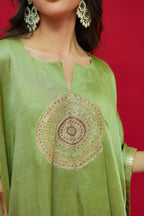 Olive Green Linen Satin Kaftan Set  a red background