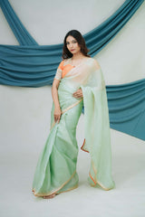 Hand-embroidered Pure Satin Organza Saree with Dabka Work - Amahi Fashion