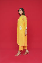 Woman wearing a yellow Pure mul chanderi Thread hand embroidery with floral patterns on a red background