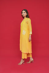 Woman wearing a yellow Pure mul chanderi Thread hand embroidery with floral patterns on a red background