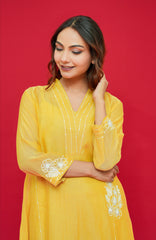 Woman wearing a yellow embroidered Pure mul chanderi Thread hand embroidery against a red background