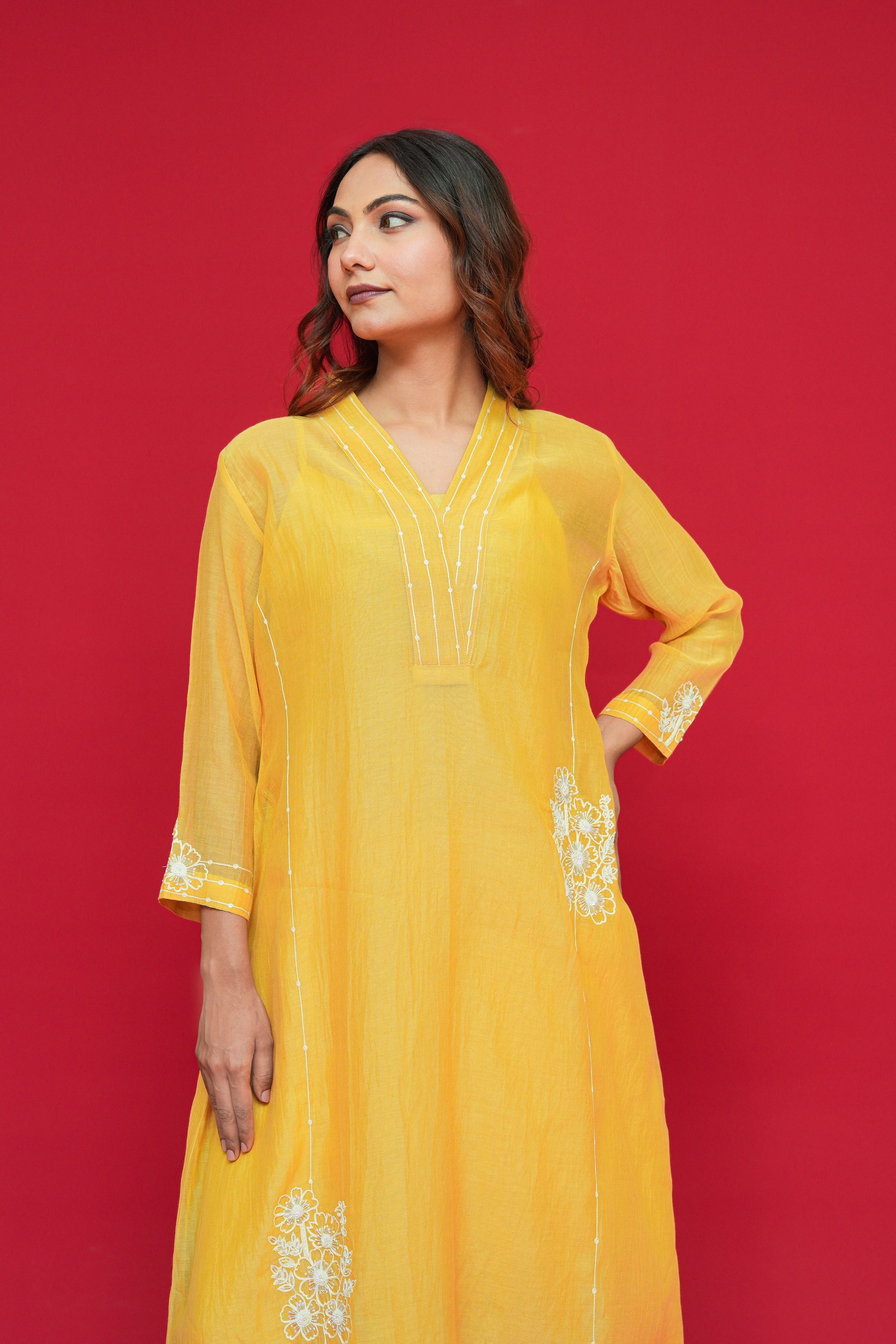 Woman wearing a yellow Pure mul chanderi Thread hand embroidery with white embroidery against a red background