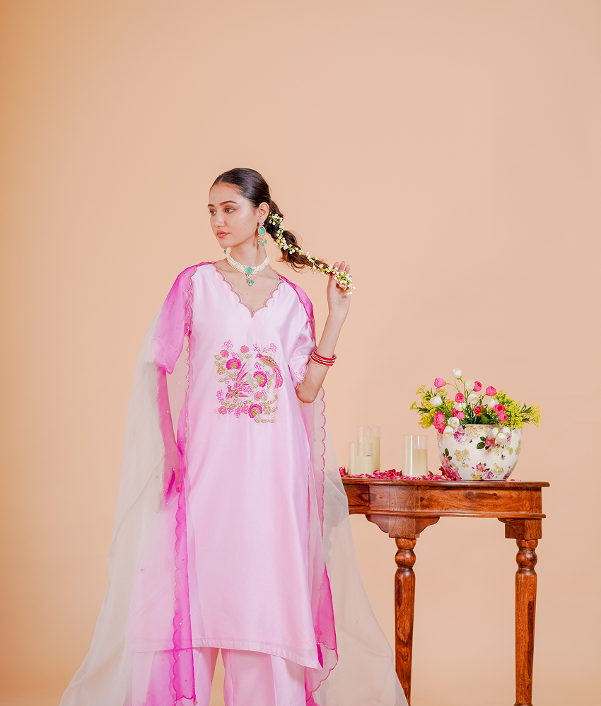 Pure silk Chanderi Suit Orgnza Dupta with Resam Zari Handwork