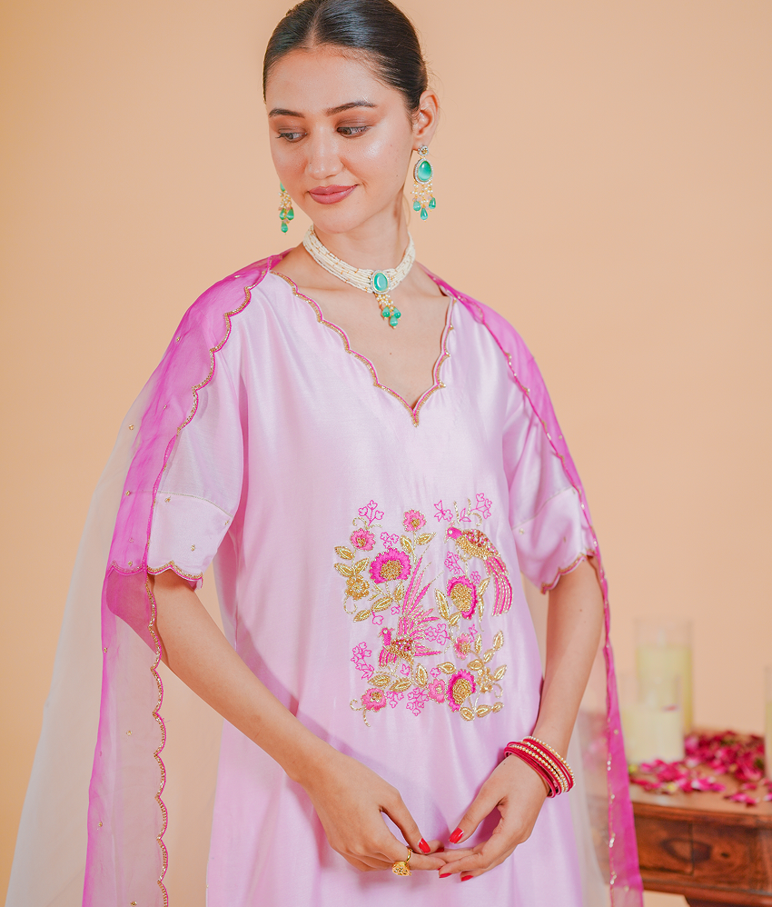 Pure silk Chanderi Suit Orgnza Dupta with Resam Zari Handwork