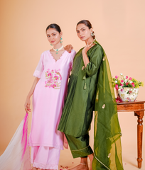 Pure silk Chanderi Suit Orgnza Dupta with Resam Zari Handwork