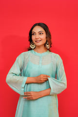 Woman wearing a light blue traditional outfit against a red background