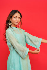 Woman wearing a light blue traditional outfit against a red background