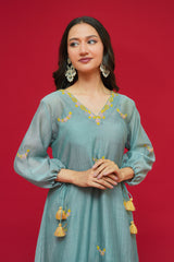 Woman wearing a light blue dress with yellow embroidery against a red background