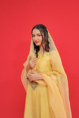 Woman in a yellow traditional outfit with a veil against a red background
