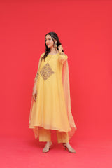 Woman wearing a yellow traditional outfit with a red background