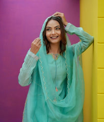 Aqua Mist Silk Chanderi Hand-Embroidered Suit Set with Organza Dupatta