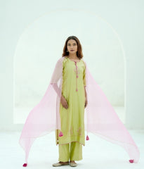 Blush Lime Silk Chanderi Hand-Embroidered Suit Set with Soft Pink Organza Dupatta