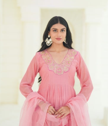 Rose Blush Silk Chanderi Hand-Embroidered Anarkali Set with Soft Organza Dupatta