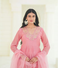 Rose Blush Silk Chanderi Hand-Embroidered Anarkali Set with Soft Organza Dupatta