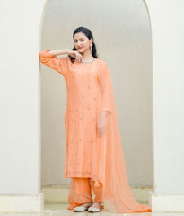 Peach Glow Silk Chanderi Hand-Embroidered Suit Set with Sheer Organza Dupatta