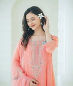 Mul chanderi suit with orgnza dupta pthion work