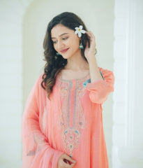 Mul chanderi suit with orgnza dupta pthion work