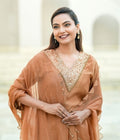 Caramel Gold Silk Chanderi Hand-Embroidered Suit Set with Sheer Organza Dupatta