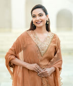Caramel Gold Silk Chanderi Hand-Embroidered Suit Set with Sheer Organza Dupatta