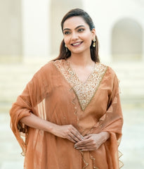Caramel Gold Silk Chanderi Hand-Embroidered Suit Set with Sheer Organza Dupatta