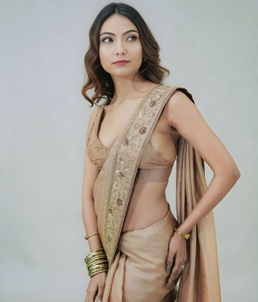 Pure Tussar Silk Saree with Handcrafted Copper Dabka Embroidery